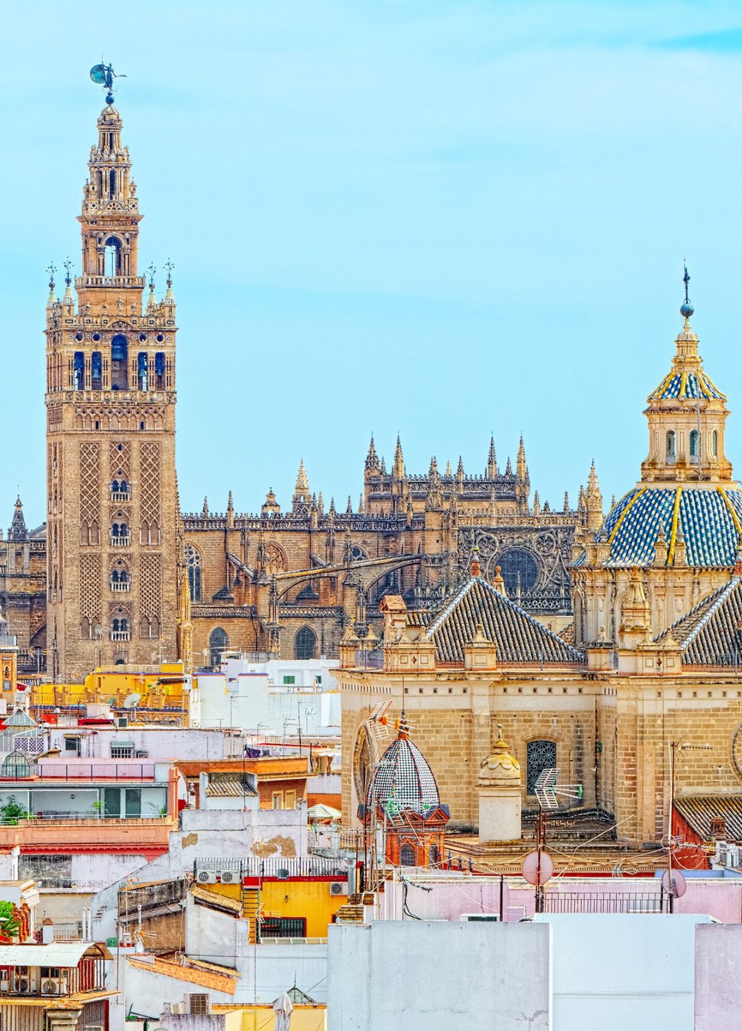 Seville Cathedral (Catedral de Santa Maria de la Sede de Sevilla) view from the observation platform Metropol Parasol, locally also known as Las Setas. Spain.